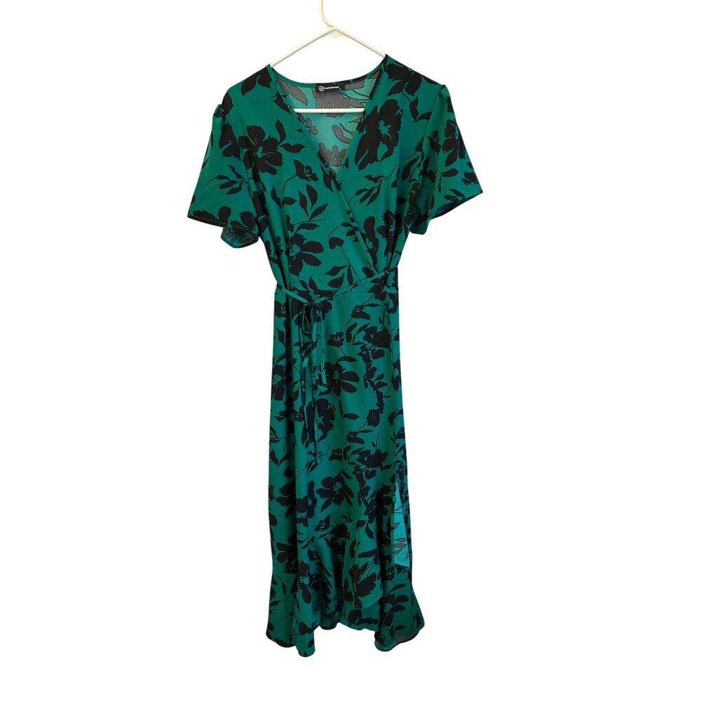 Pretty Garden Wrap Dress Emerald Green Black Floral Maxi Short Sleeve Size Large - Picture 2 of 9